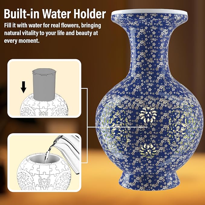 3D Puzzles Vase for Adults, 200 Pieces Plastic DIY Unique Flower Vase with LED Light House Warming Gift Birthday Gifts for Flower Arrangements and Home Decor (C-Midnight Blue Blossom)
