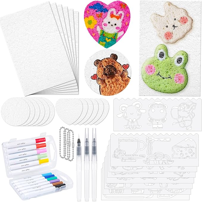 Meetory Magic 3D Foam Texture Painting Kit, Including 18 Pcs Foam Texture Paper, 12 Acrylic Paint Markers, 3 Watercolor Brush Pens(L,M,S),18 Bead Chains and 8 Pre-Designed Sticker Line Drawings