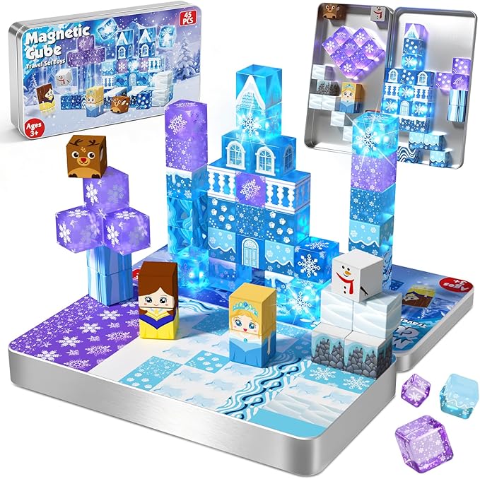 Magnetic Blocks, 45pcs Travel Toys Building Set with Magnetic Tin Box, Transparent & Light Up Magnet Cubes for Blue Snow Castle Build, Princess Toy Birthday Gift for Kid Girl 3+ Easter Basket Stuffers