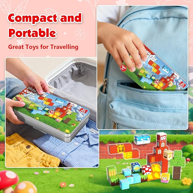 Magnetic Blocks with Light Up Blocks - 45PCS Travel Magnetic Building Blocks for Toddler,STEM Educational Cubes Toys for Kids Ages 3 4 5 6 7 8 Year Old Boys Girls Christmas Birthday Gifts