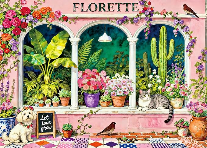 500 Piece Jigsaw Puzzle for Adults -Floral Garden Window with Cute Cat Puppy - Vibrant Pink Plant Decor Paper Puzzle for Relaxation Finished Size 19.3" x 13.7"