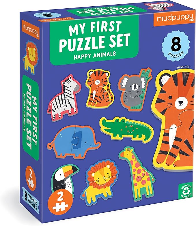 Mudpuppy Happy Animals – My First 2-Piece Puzzle Includes 8 Popular Animal Shaped Puzzles with Pattern Shape and Color Recognition for Children Ages 2-4