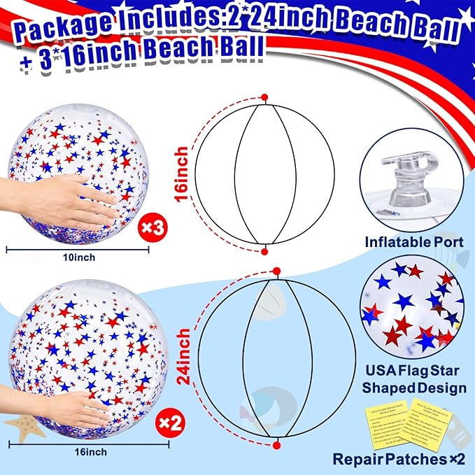 TURNMEON 5 Pack American Flag Beach Balls 24 Inch & 16 Inch Patriotic Pool Toys, Red White Blue Star Confetti Glitter Inflatable Clear Balls for 4th of July Independence Day Pool Parties