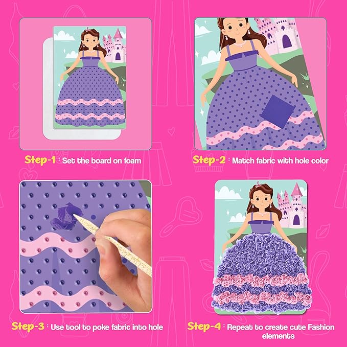 jackinthebox Poke Poke Art for Kids - Fashion Theme, Mess-Free Fabric Art and Craft, Flower Pressing Kits, Easter Gifts for Girls Ages 4 5 6 7 8