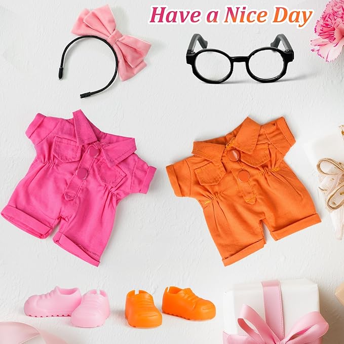 2 Set 17cm Doll Clothes Accessories,Doll Outfits for 17CM/6.7inch- Pink Butterfly hairbow+Glasses+Pink & Orange Overalls+Shoes