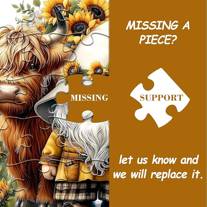 Highland Cow Gnome Puzzles for Adults 1000 Pieces, Nature Sunflower and Cow Puzzles, Animal Plant Floral Themed Jigsaw Puzzles Challenging for Adults