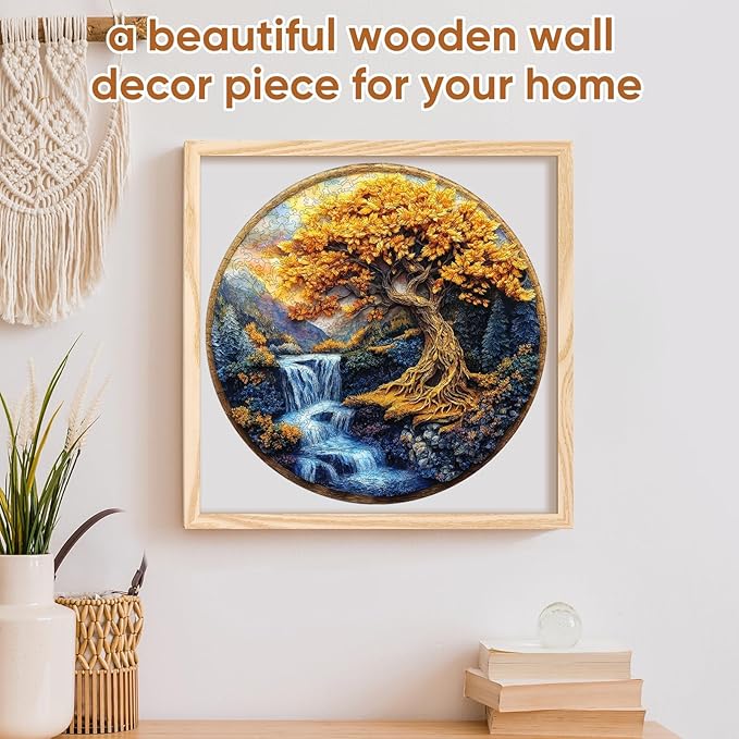 Qiuenisray Wooden Puzzles for Adults 500 Pieces, Tree of Life Waterfall River Round Jigsaw Puzzles, FSC Certified Unique Shape Adult Puzzles Piece, Wood Creative Gift for Family Game 16.5x16.5 in
