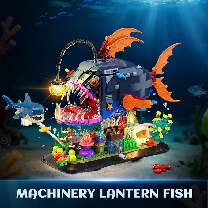 Mechanical Angler Fish Building Set with Lights, Movable Lantern Fish Building Blocks Toy with Shark Jellyfish, 1139 PCS Ocean Animal Building Kit, Home Decor Gift for Adults Teens Boys 12+