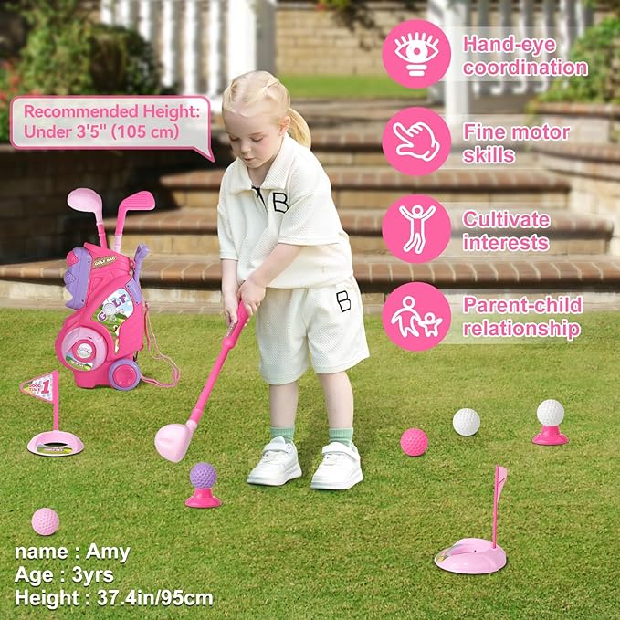 Toddler Golf Set for Girls Boys 1 2 3 4 Years Old, Upgraded Kids Golf Cart with 3 Clubs & 8 Balls, Outdoor Indoor Sports Toys Birthday Gift, Pink