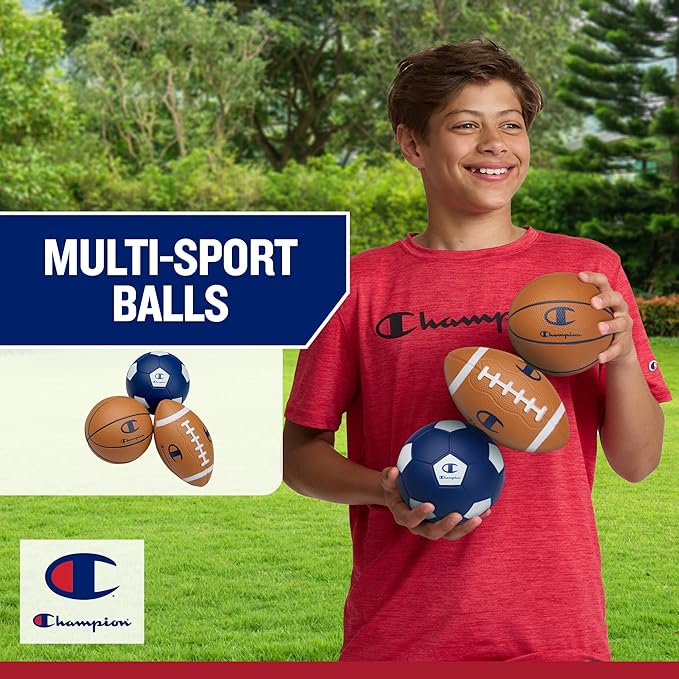 Champion Multi-Sport Foam Ball Set for Kids (3-Pack), Soft PU Mini Soccer, Basketball & Football, with Durable Foam Build, Safe for Backyard, Playground, School, and Indoor Play