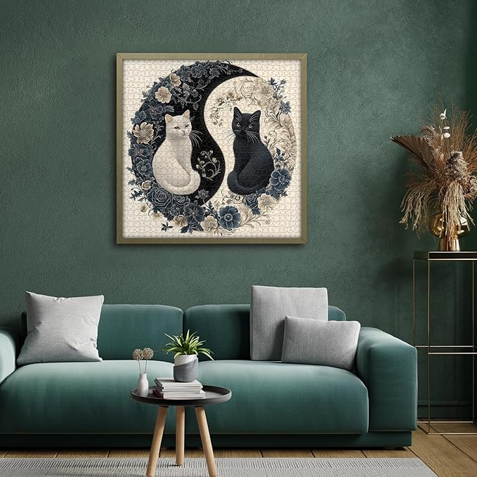 Yin Yang Cat Puzzle for Adults 1000 Pieces, Black and White Kitten Flower Animal Puzzle, Beautiful Aesthetic Art Kitty Floral Jigsaw Puzzle, Impossible Difficult Hard Challenge for Adults