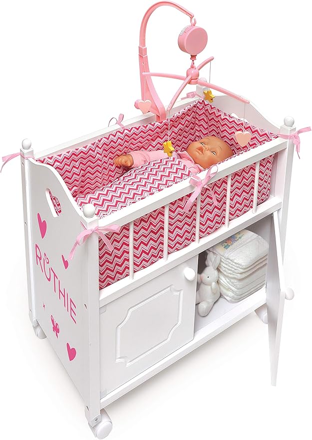 Badger Basket Wooden Toy Doll Bed with Storage, Mobile, and Bedding - Includes Wheels and Free Personalization Kit to Pretend and Play - White with Pink Chevron Fabric