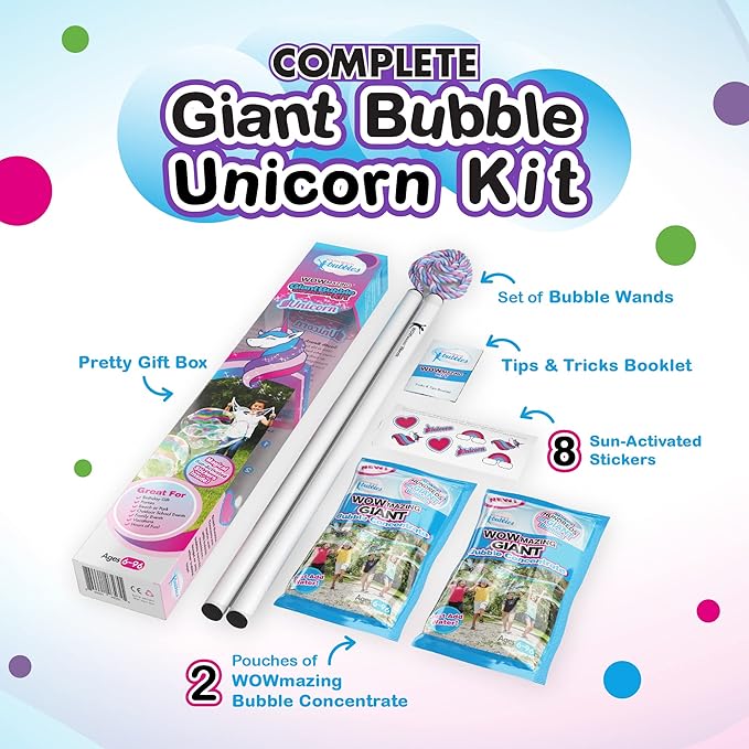 WOWMAZING Giant Bubble Kit: Unicorn - Incl. Wand, 2 Big Bubble Concentrate Pouches and 8 Sun-Activated Magical Stickers | Outdoor Toy for Kids, Girls | Bubbles Made in The USA - Unicorn Kit