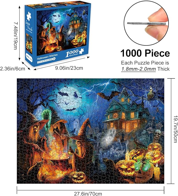 Rocorose Halloween Jigsaw Puzzle 1000 Pieces, Halloween Witches Puzzle for Adults Scary Jack - o - Lanterns Puzzles Haunted House Skeleton as Party Decor and Ideal Gift