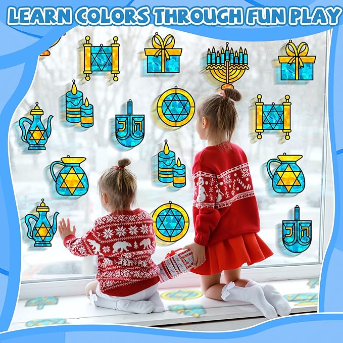 QOUBAI 32 Sets Hanukkah Suncatchers Craft Kit DIY Window Stained Glass Effect Chanukkah Paper Crafts for Home School Classroom Decoration Kid Birthday Gift Creative Art Project Activity Game