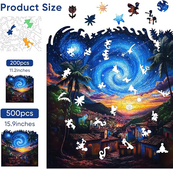 Mys Aurora 500 Pieces Puzzles for Adults, Starry Night Wooden Puzzles, Unique Shaped Jigsaw Puzzle Birthday Scenery Gift Challenging Family Game for Kids and Adults 15.9 * 15.9 Inches