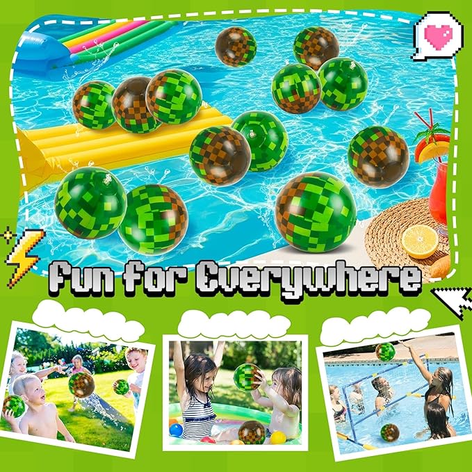 24 Pack Pixel Themed Beach Balls - 6 Inches Green and Brown Inflatable Floating Balls for Birthday Party Decorations, Summer Pool and Beach Game, and Bulk Birthday Party Favors
