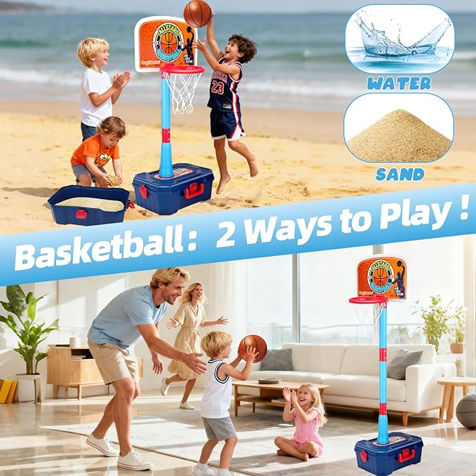 4 in 1 Kids Basketball Hoop and Tball Set for Toddlers 3+, Adjustable Basketball Stand, Hanging Tee Baseball Toy Set, Portable Indoor Outdoor Sports Toys, Birthday for Boys Ages 3-8