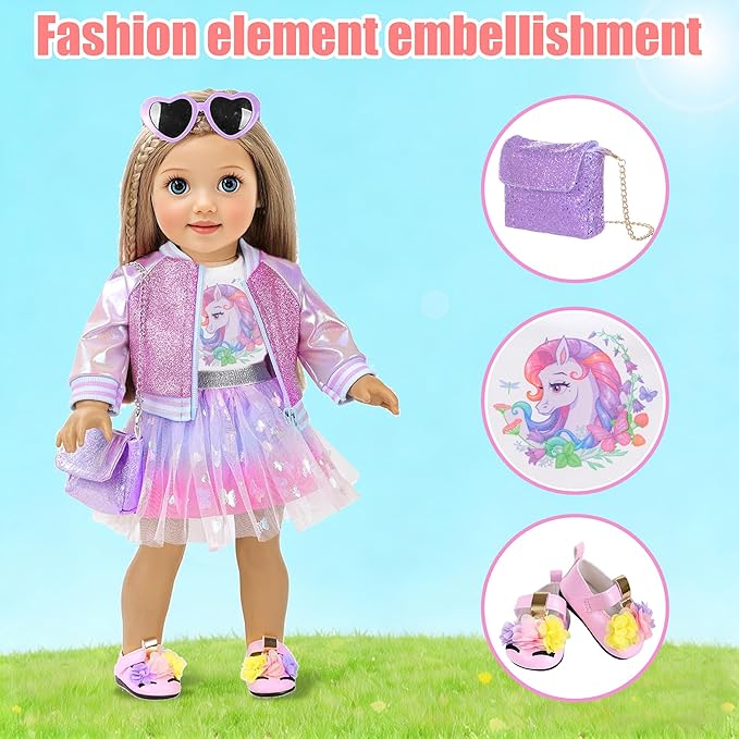 ebuddy 18 Inch Doll Clothes and Accessories - Unicorn Outfit with Glitter Jacket, Tulle Skirt, Purse, Sunglasses & Accessories for 18" Dolls (Doll Not Included)