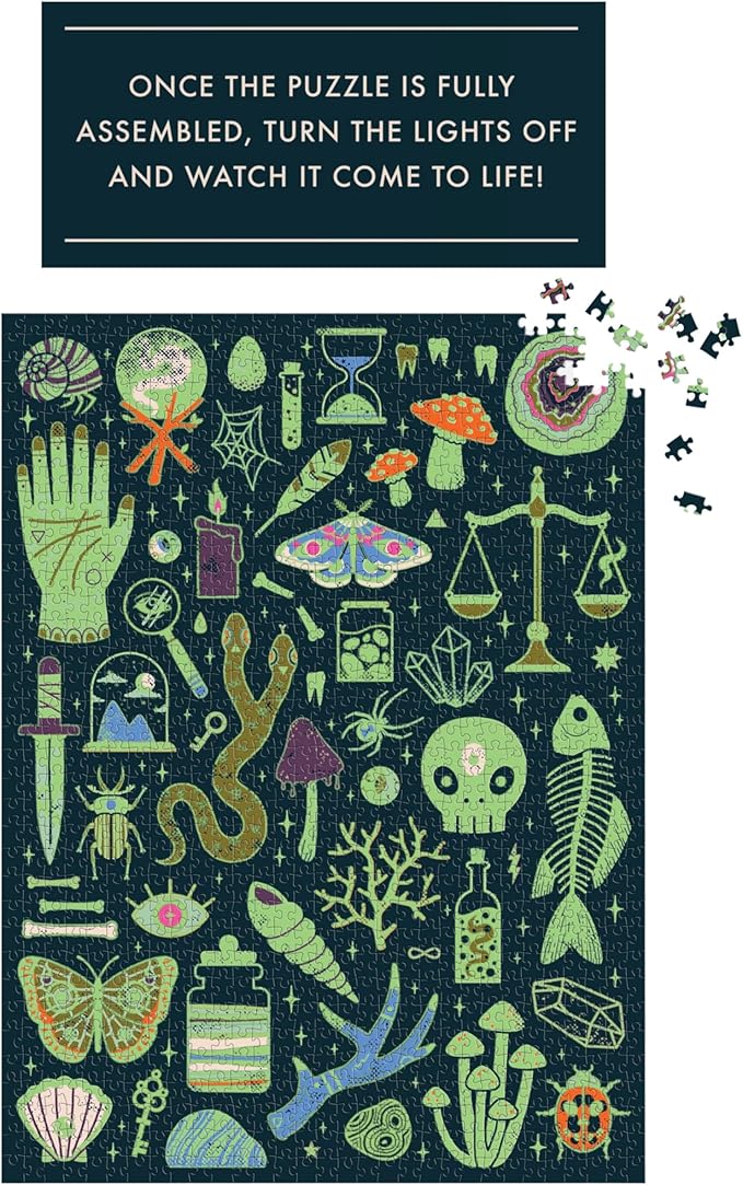 Galison Occult and Curious – 1000 Piece Glow in The Dark Jigsaw Puzzle Featuring an Eerie Collection of Creepy and Spooky Objects