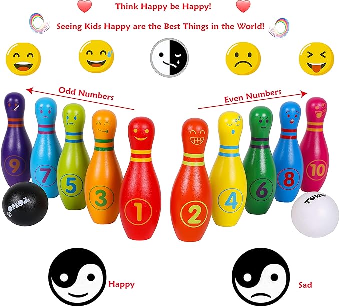 TOWO Wooden Skittles for Children - Skittle Set with 10 Facial Expressions and Numbers - 10 Pin Bowling Set for Kids Garden Toys- Wooden Toys for 2 Year Old