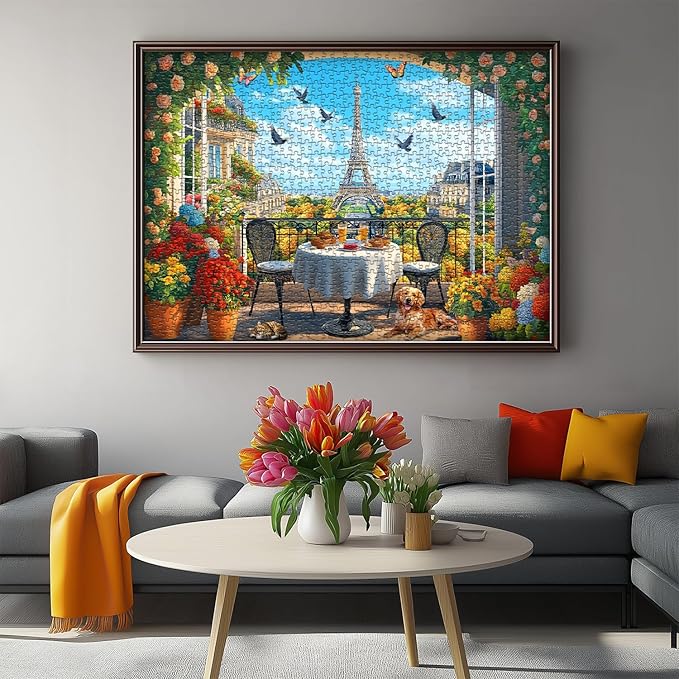 Paris Jigsaw Puzzles 1000 Pieces, Flower Landscape Scenery Puzzle Features Bird Dog Cat Butterfly, Eiffel Tower Nature Scenic Floral Challenge for Adults