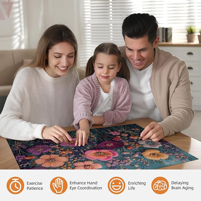 Jigsaw Puzzle 1000 Pieces Embroidered Flower Puzzle Intricate Thread Art, Vintage Botanical Home Decor