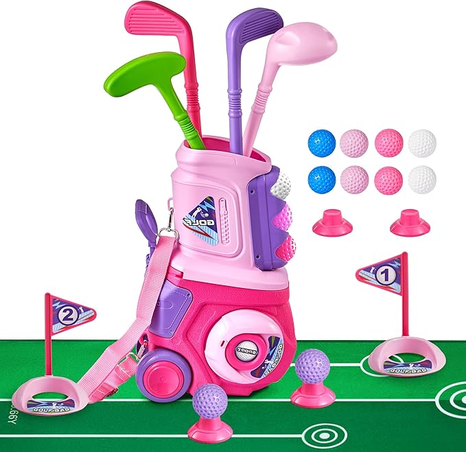 PJG Toddler Golf Set with Mat, Plastic Kids Golf Clubs Ages 1 2 3 4 5 Years Old with 4 Golf Clubs and 10 Balls, Toddler Golf Toys with Cart for Boys and Girls Birthday (Pink)