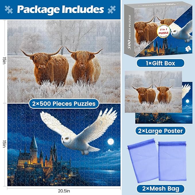 2 Pack 500 Pieces Puzzles for Adults,Yak Animal Jigsaw Puzzles 500 Pieces,Owl Castle Adult Puzzles for Adults 500 Pieces Puzzle with Letters on Back Colorful Challenging Puzzles Family Game Gift