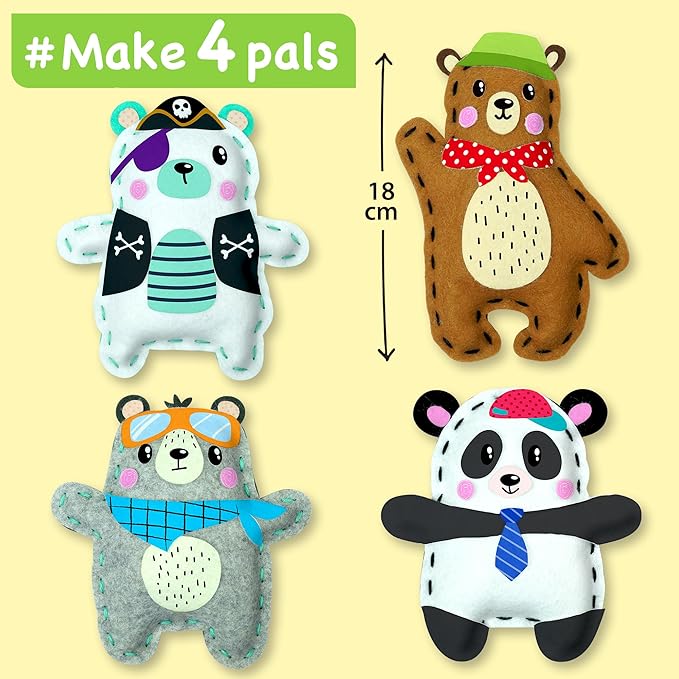 EZCRA Bear & Animal Sewing Kit for Kids Ages 4-8, No-Mess Felt Craft Projects, 4 Easy Beginner Learn-to-Sew Arts & Crafts for Boys and Girls