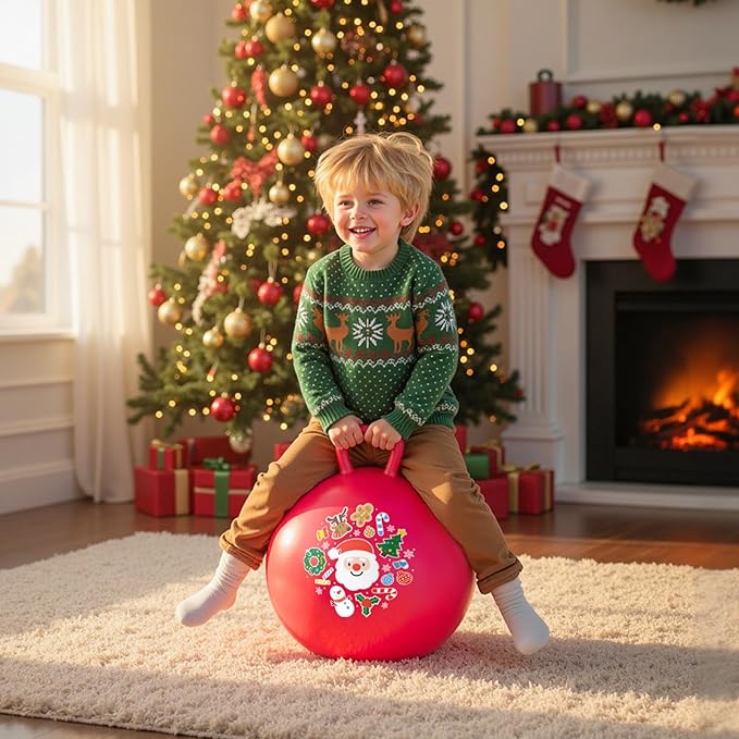 EVERICH TOY Hopper Ball for Kids 18In Sit On Bouncy Balls with Handle for Indoor Outdoor Active Play, Red Christmas Inflatable Boys Girls Gifts for 4 5 6 7 8 Years Old with Christmas Reindeer Ears