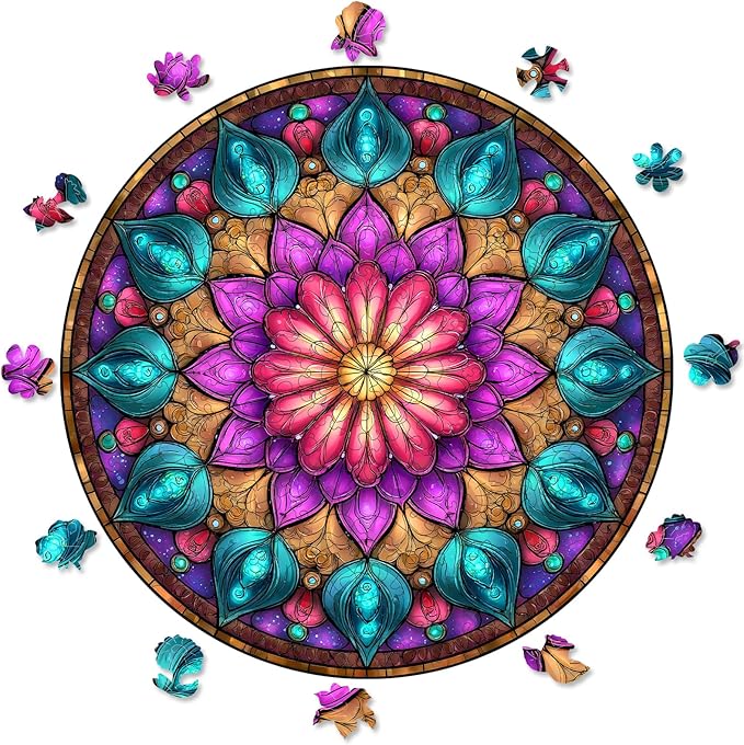 Mocfesk Mandala Wooden Puzzles, Colorful Mandala Jigsaw Puzzles for Adults and Kids, Geometric Wooden Puzzles 200 Pieces for Grandparents, Family Puzzle Holiday Decor 11.2'' x 11.2''