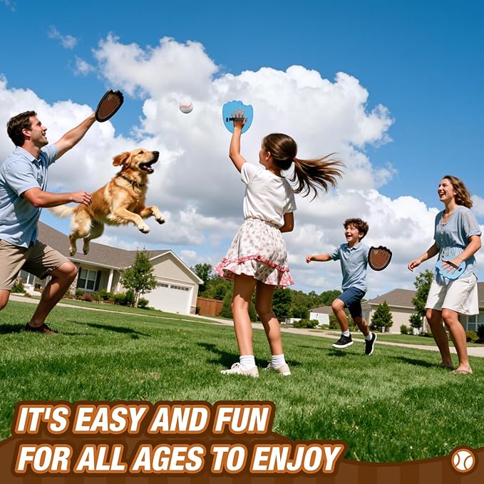 Toss and Catch Ball Game, Outdoor Toys for Kids, Beach Pool Yard Games for Teens & Family, Toddler Baseball Glove Birthday Gifts for 3 4 5 6 7 8+ Year Old Boys & Girls (4 Paddles & 6 Balls)