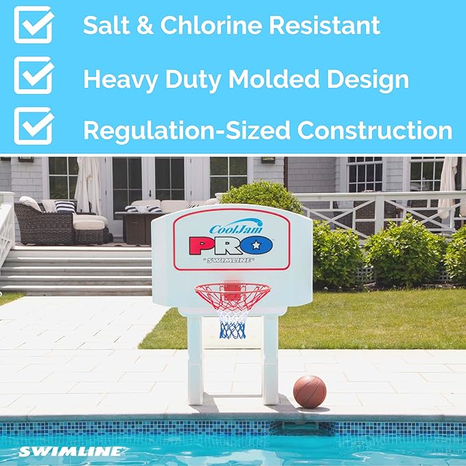 Swimline Cool Jam Pro In-Ground Poolside Basketball Game with Hoop, Regulation Size Ball, and Adjustable Backboard Height for Kids and Adults