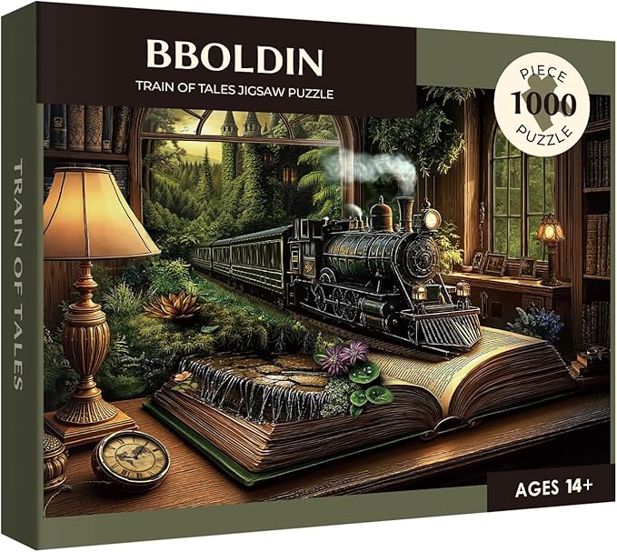 Train Fantasy Forest Puzzle 1000 Pieces for Adults, Magic Book Vintage Castle Jigsaw Puzzles, Nature Plant Tree Bookshelf Puzzles