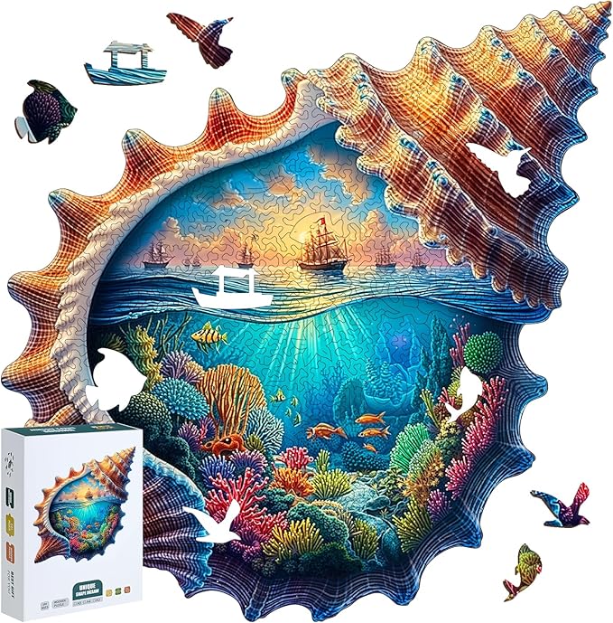 Wooden Puzzles for Adults, 210 Pieces Unique Seashell Shaped Wooden Jigsaw Puzzle, 3D Underwater & Sea Surface Pattern Wood Puzzle, Easter Gift for Mom, for Adult Puzzle Lovers