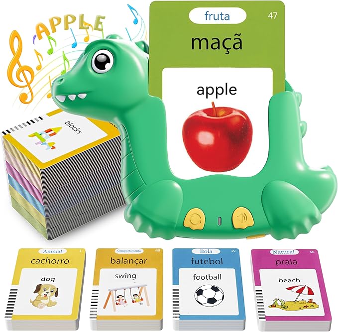 Portuguese and English Talking Flash Cards for Kids, 510 Sight Words Bilingual Learning Toys for Toddlers, Brazilian Portuguese Alphabet Flashcards Pocket Speech Therapy Toys, Dinosaur Shaped