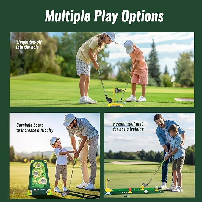 Toddler Golf Clubs Set - Kids Retractable Indoor Outdoor Game Play Toys for 3 4 5 6 7 8 Years Old Boys Girls - Realistic Yard Toy Kit with Adjustable Golf Club Putting Mat Cornhole Board Scoreboard