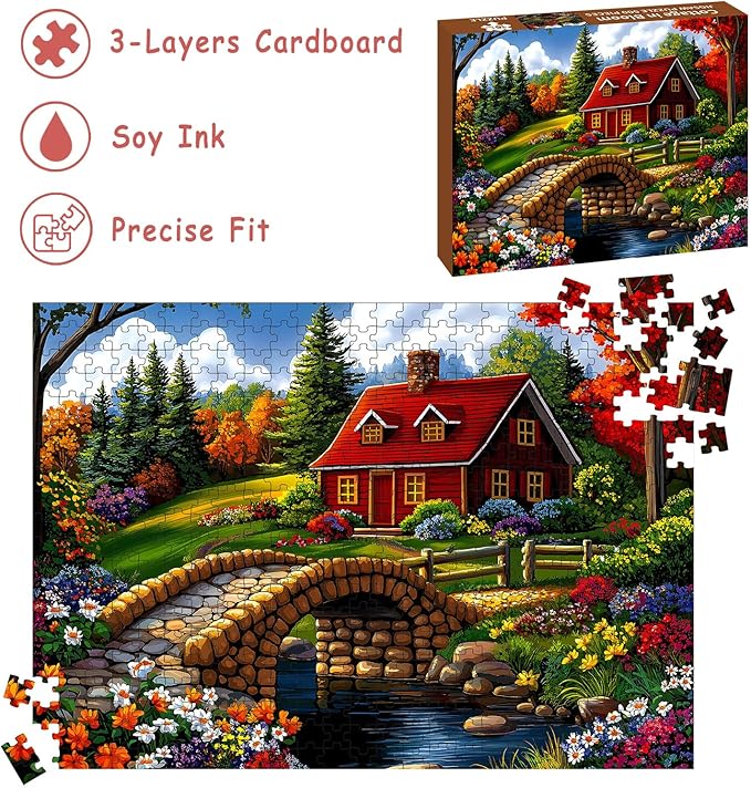 Puzzles for Adults 500 Pieces, Nature Landscape Jigsaw Puzzles - Cottage in Bloom, Impossible Nature Landscape Puzzle for Seniors Families, 20.47x14.96 Inches, 1:1 Poster, Letter On The Back