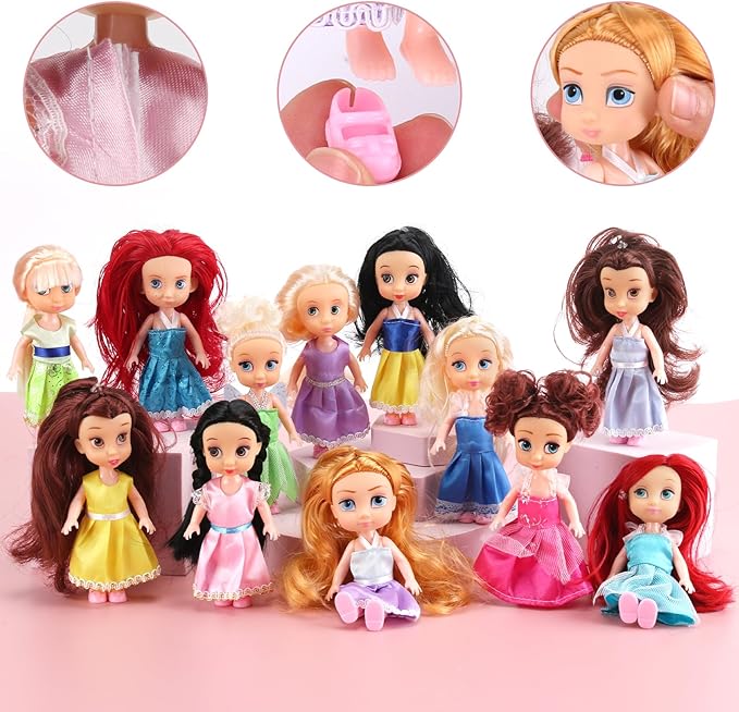 Liberty Imports 12 Pack Little Royal Princess Dolls - Mini Pocket Size Toddler Toys Fantasy Pretend Play Set with Dress, Accessories for Kids, Girls Dollhouse, Party Favors (5-inches)
