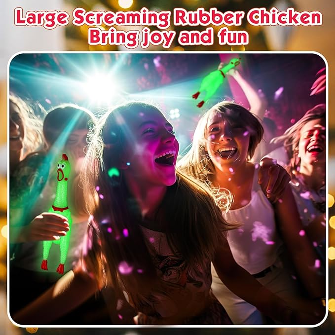 Honoson 16 Pcs 15.75 Inch Large Glow in The Dark Rubber Chicken Bulk Luminous Screaming Rubber Chickens Squeaky Toy Fluorescent Novelty Prank Gag Gift Noise Makers Party Favors for Adults Games