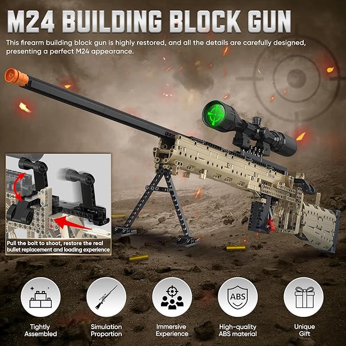 Building Blocks Gun Model Toys for Adults, 1388 Pcs 1:1 M24 Building Set Guns Model Toys for Adults Boys Teens Age 12+, Collectible Building Blocks Gift for Military Enthusiasts