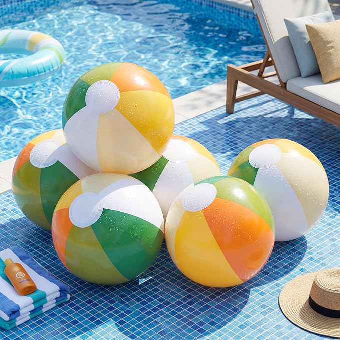 Realspring 12 Pcs Pastel Inflatable Beach Balls Kids Bulk Stripe Jumbo Big Beach Balls Pool Floating Toy for Adult Water Game Baby Shower Birthday Summer Swimming Party (Orange and Green,18 Inch)