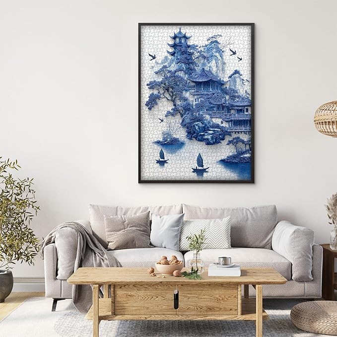 Impossible Landscape Puzzles for Adults 1000 Pieces，Nature Aesthetic Puzzle Blue and White Scenery,Unique Chinese Scenic Jigsaw Puzzles with Birds Boat,Hard Difficult Challenge Building Puzzle