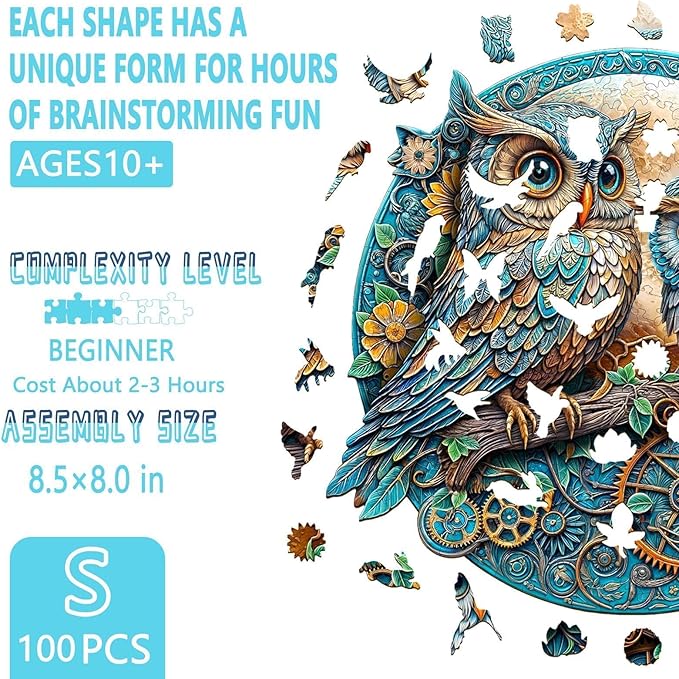 Wooden Puzzles for Adults - Embossed Owl Puzzle, Unique Shape Wooden Jigsaw Puzzle for Adults, Wood Puzzles Adult, Good Gift Idea for Family, Wall Art Home Decor (S-8.5 * 8in -100 Pieces)