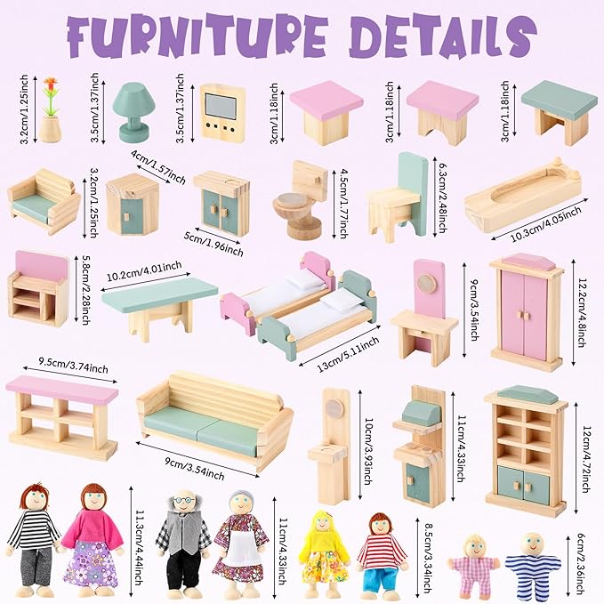Sumind 35 Pcs Wooden Dollhouse Furniture Set with 8 Family Figures, 1:12 Scale Miniature Dolls House Accessories for Kitchen, Bedroom & Bathroom, Montessori Educational Toy Gift for Girls and Boys
