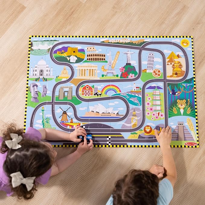 Melissa & Doug Race Around the World Tracks Cardboard Jigsaw Floor Puzzle and Wind-Up Vehicles (48 Pcs) for Preschoolers and Kids Ages 4+