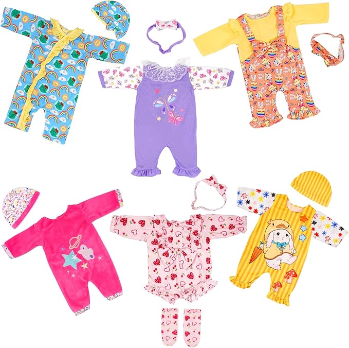 WONDOLL 6 Sets 14-18 Inch Baby Doll Clothes, New Born Doll Outfits with Rompers & Accessories for 16-inch Soft Body Dolls ( No Doll)