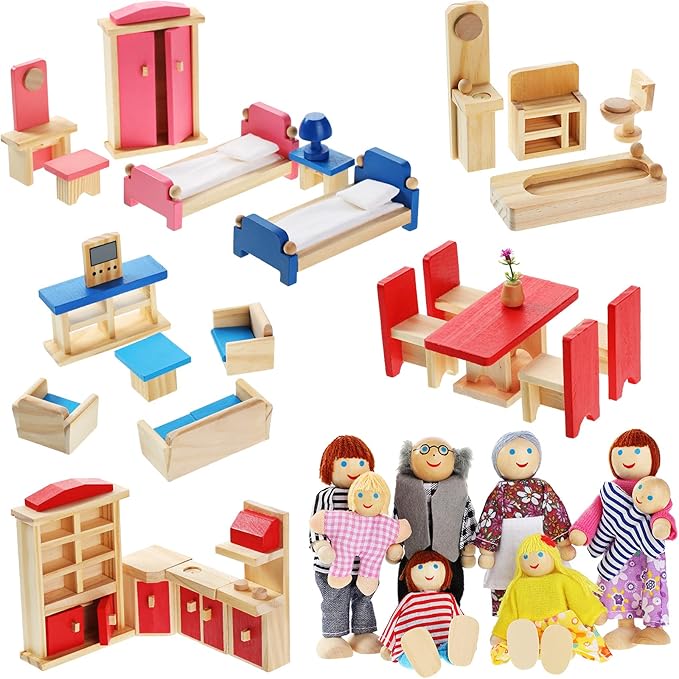Sumind 35 Pcs Wooden Dollhouse Furniture with Family Figures Dolls for Diverse Imaginative Play Fits Most 1 12 Scale Miniature Dolls House with Kitchen Bedroom Bath Living Room Study Room
