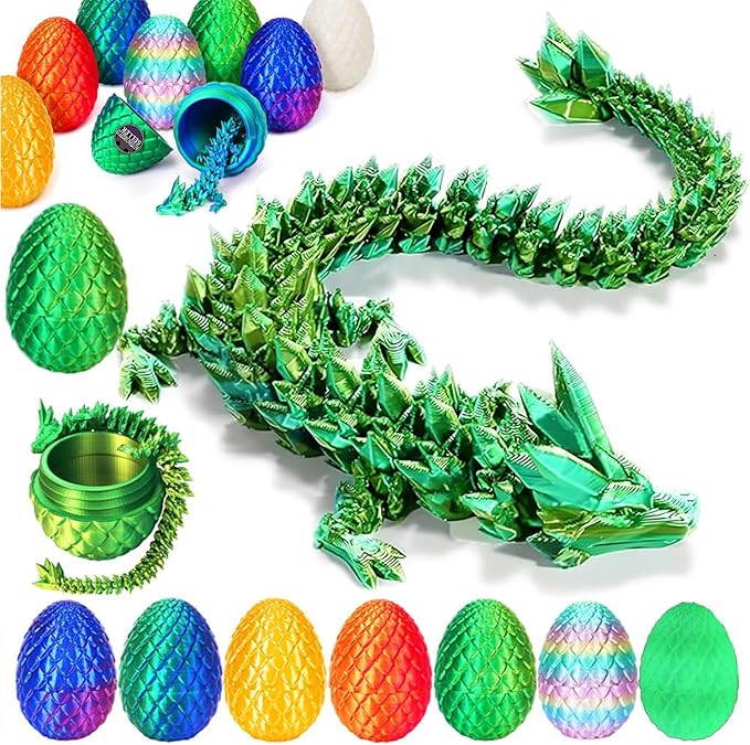 12" 3D Printed Dragon Egg, Mystery Articulated Crystal Dragon Egg Fidget Toys, 3D Print Surprise Animals Toy for Kid Teen Boy Girls (Laser Yellow Green)